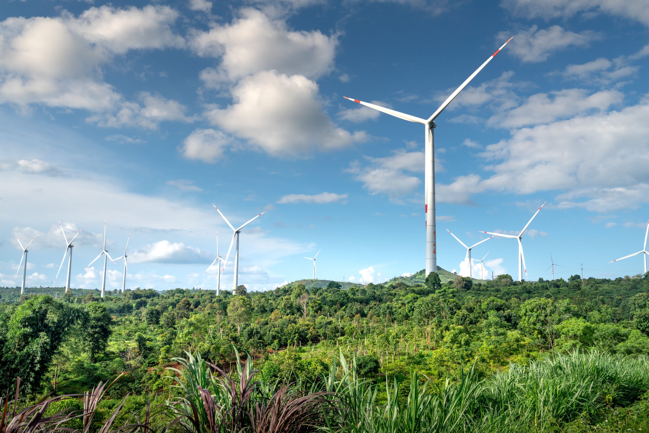 A scenic view of wind turbines in a lush green landscape under a blue sky with clouds.